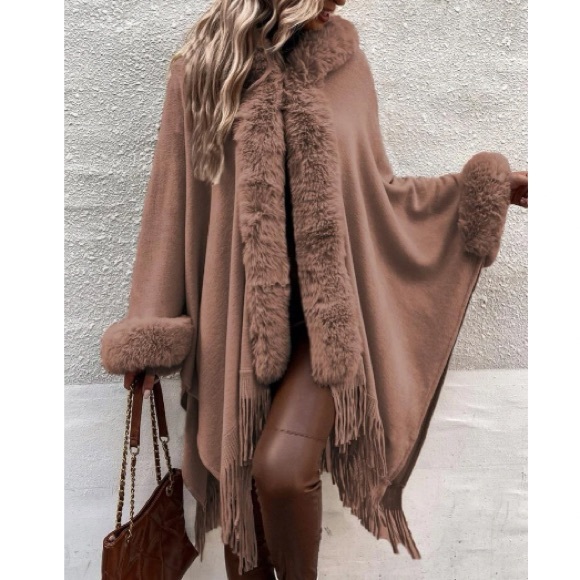 Cozy vegan fur dolman sleeve tssel poncho shawl scarf wrap cardigan - Picture 2 of 16